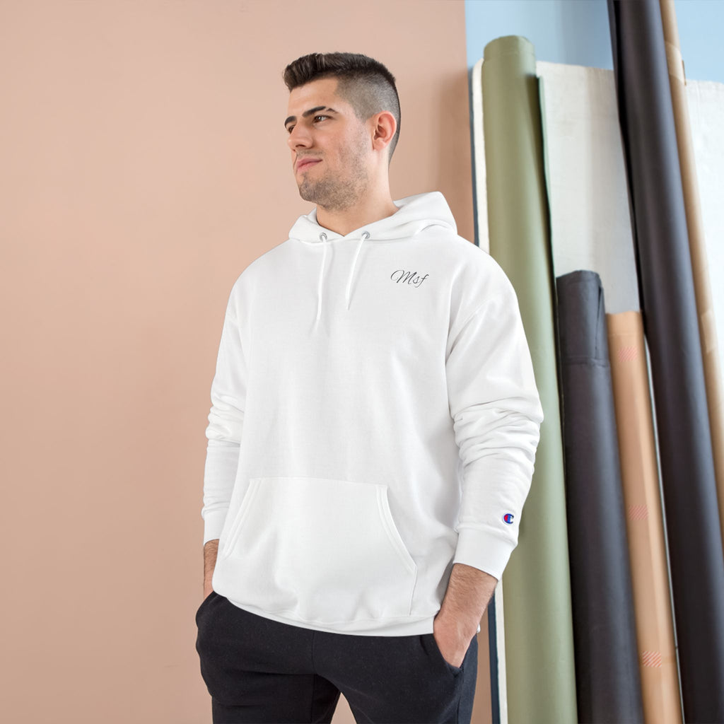 Champion White Hoodie — Minimal Script Chest Logo, Classic Athletic Pullover
