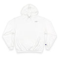 Champion White Hoodie — Minimal Script Chest Logo, Classic Athletic Pullover