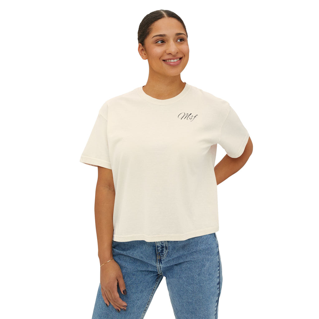 Boxy Tee — Minimal Script "Mst" Chest Logo, Casual Cropped T-Shirt