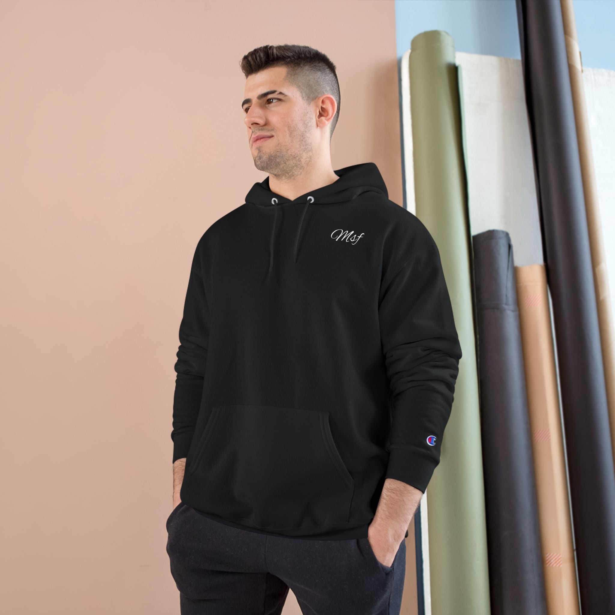 Minimal Script Logo Hoodie — Black Champion-Style Pullover