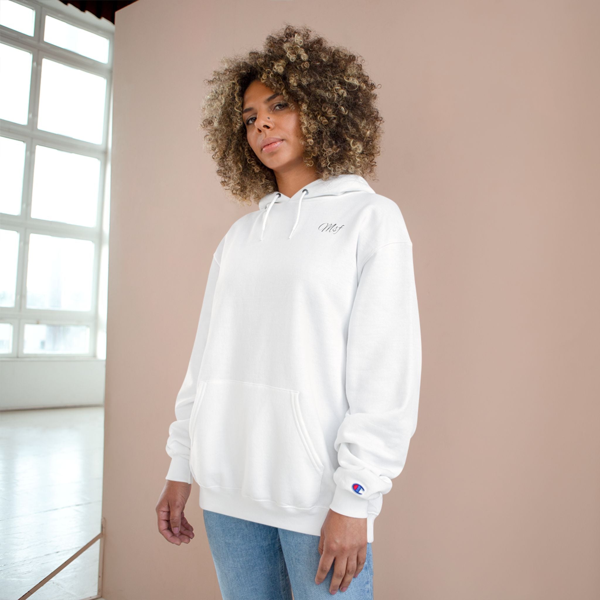 Champion White Hoodie — Minimal Script Chest Logo, Classic Athletic Pullover
