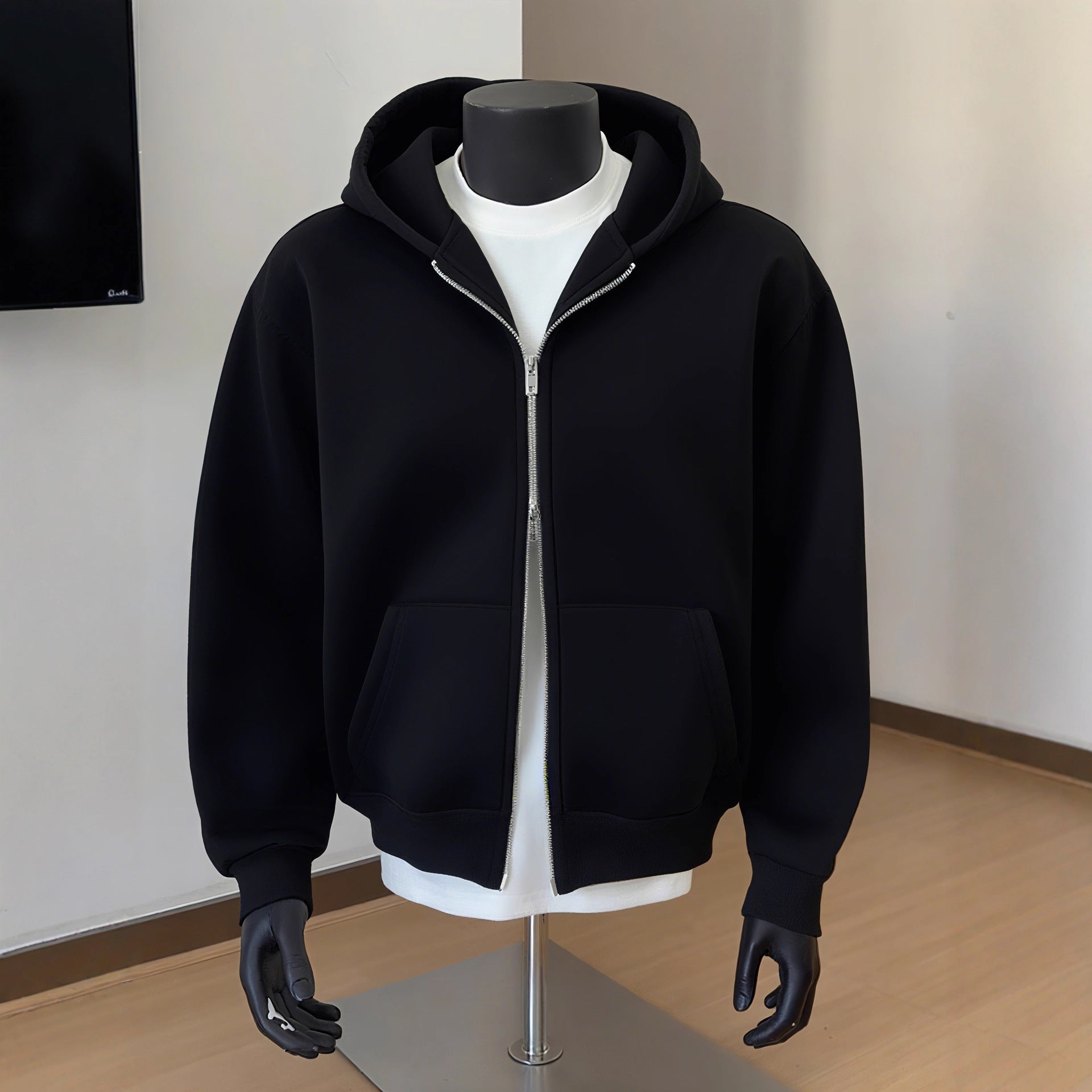 Mens Solid-Color Cardigan Hoodie With Double-Zipper Closure