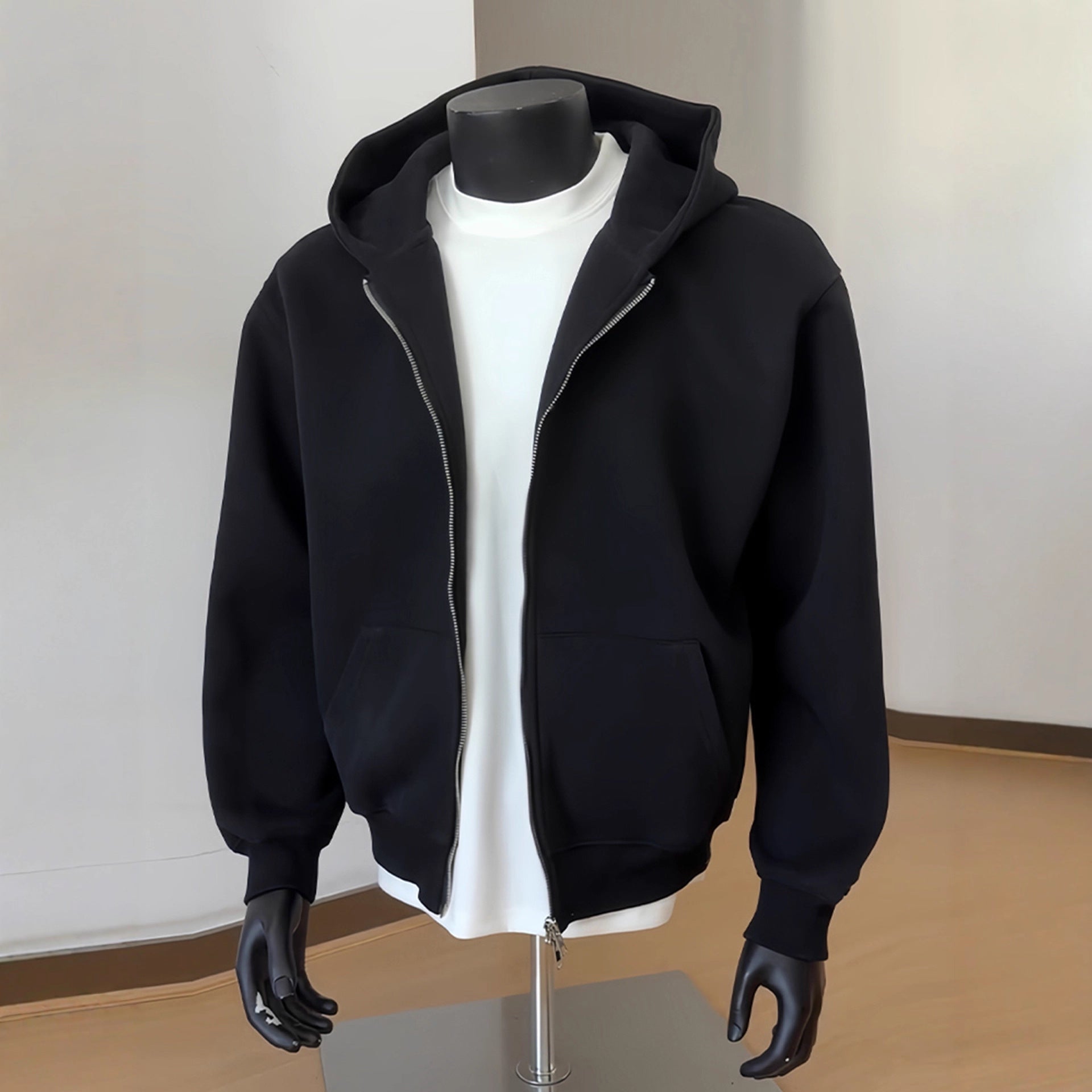 Mens Solid-Color Cardigan Hoodie With Double-Zipper Closure